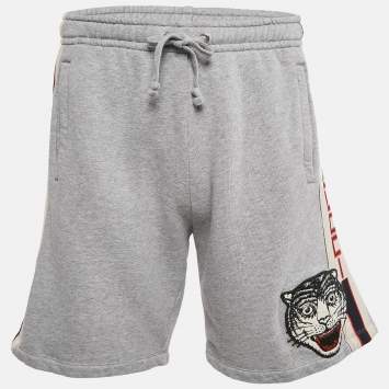 Pre Owned Gucci Grey Tiger Applique Cotton Knit Logo Tape Detail Shorts M