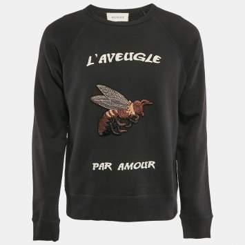 Pre Owned Gucci Charcoal Black Bee Embroidered Cotton Sweatshirt S