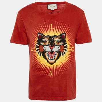 Pre Owned Gucci Red Angry Cat Embroidered Cotton Jersey T-Shirt S