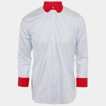 مملوكة مسبقًا Gucci Blue Striped Cotton Contrast Collar Shirt L