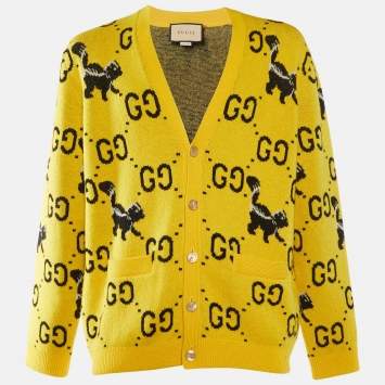 Pre Owned Gucci Yellow GG Skunk Wool Knit Button Front Cardigan M