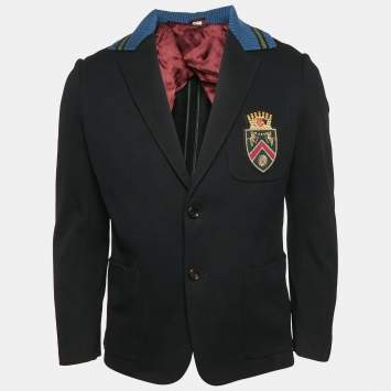 Pre Owned Gucci Black Pique Cotton Applique Detail Single Breasted Jacket M