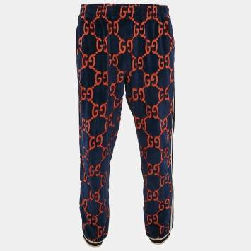 Pre Owned Gucci Blue & Orange Chenille GG Logo Velvet Track Pants L