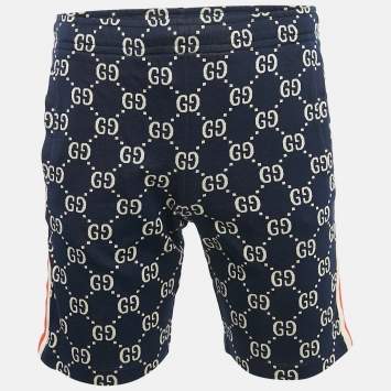 Gucci Navy Blue GG Supreme Jacquard Knit Contrast Striped Shorts XS