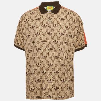 Pre Owned Gucci X Adidas Beige Logo Print Cotton Polo T-Shirt XXXL