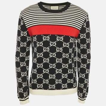 مملوكة مسبقًا Gucci Black Navy Blue GG Jacquard Cotton Knit Crewneck Sweater L