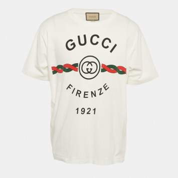 Pre Owned Gucci White Logo Print Cotton Crew Neck T-Shirt M