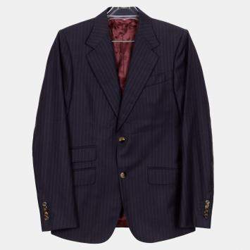 Gucci Navy Wool Logo Stripe Suit Jacket Size 46