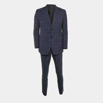 Pre Owned Gucci Navy Blue Plaid Wool Tailored Suit M