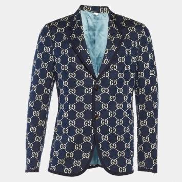 Pre Owned Gucci Navy Blue GG Jacquard Cotton Knit Blazer L