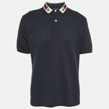 Pre Owned Gucci Navy Blue Cotton Pique Web Collar Detail Polo T-Shirt XL