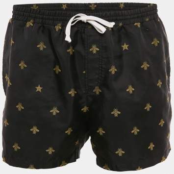 Pre Owned Gucci Black Bee and Star Embroidered Synthetic Swim Shorts XL
