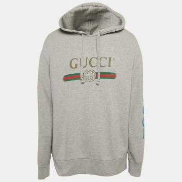 Gucci Grey Vintage Logo Print Cotton Knit Hoodie XL