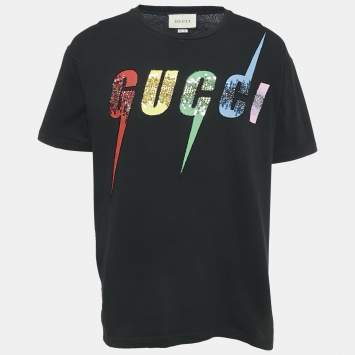 Pre Owned Gucci Black Logo Print Jersey Sequin Detail T-Shirt M
