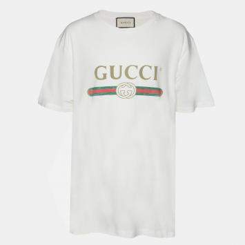 Gucci White Logo Print Cotton Round Neck T-Shirt L