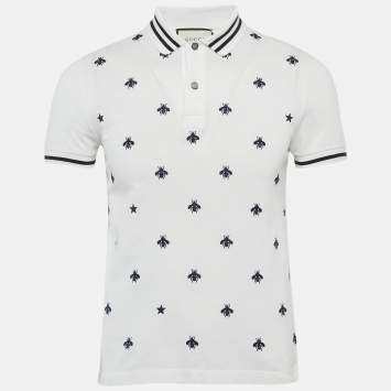 Gucci White Cotton Pique Bee Embroidered Polo T-Shirt XS