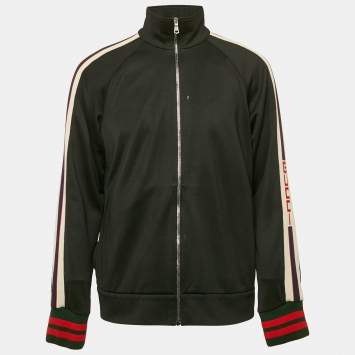 Pre Owned Gucci Black Logo Stripe Sleeve Technical Jersey Track Jacket L