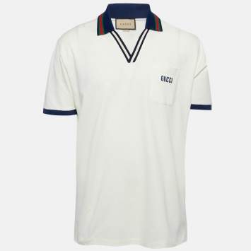 Pre Owned Gucci Off-White Logo Embroidered Cotton Pique Polo T-Shirt XL
