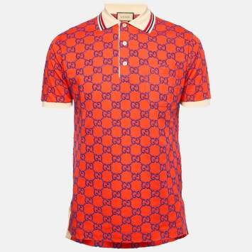 Pre Owned Gucci Red GG Supreme Embroidery Cotton Pique Polo T-Shirt XS