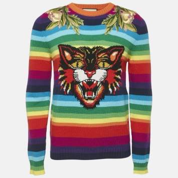 Gucci Multicolor Tiger Striped Intarsia Wool Embroidery Detail Sweater S