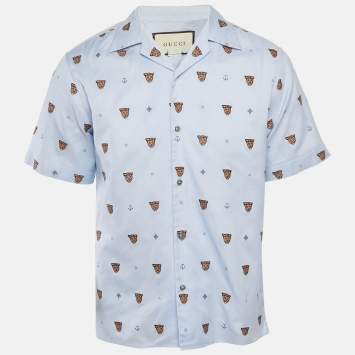 Gucci Blue Tiger Embroidered Cotton Bowling Shirt S