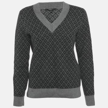 Gucci Black/Grey Diamante Wool Knit V-Neck Sweater M