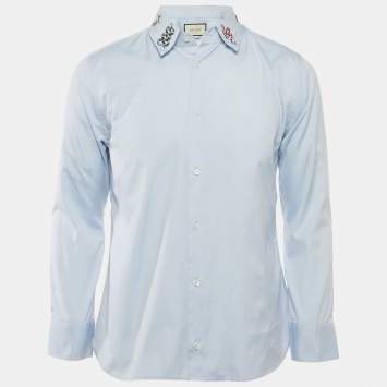 Gucci Blue Snake Embroidered Collar Cotton Duke Shirt S