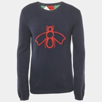 Gucci Navy Blue Bee Web Stripes Wool Sweater M