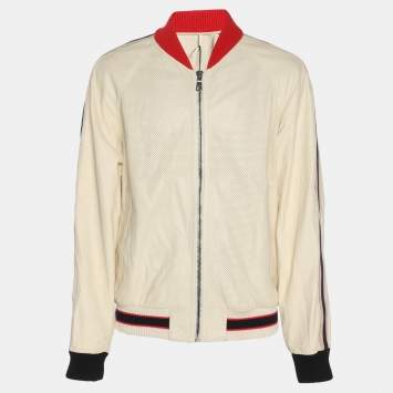 Pre Owned Gucci Cream Perforated Leather Logo Print Bomber jacket XL
