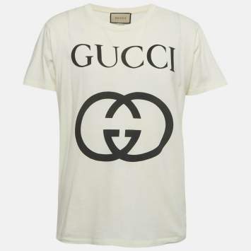 Pre Owned Gucci Cream Logo Print Jersey Crewneck T-Shirt M