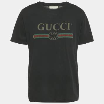 Gucci Black Logo Print Distressed Cotton Crew Neck T-Shirt S