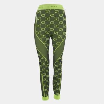 Pre Owned Gucci Neon Green GG Pattern Jersey Leggings L 