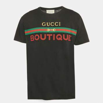 Pre Owned Gucci Black Logo Print Cotton Crew Neck T-Shirt M