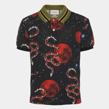 Pre Owned Gucci Navy Blue Space and Snake Printed Cotton Polo T-Shirt M