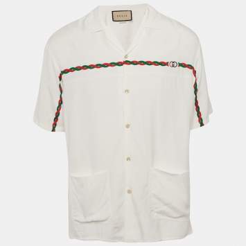 Pre Owned Gucci White Printed Crepe Bowling Shirt L
