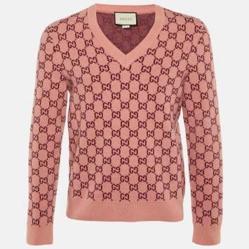 Pre Owned Gucci Pink/Red GG Web Intarsia Wool V-Neck Sweater S