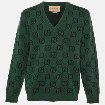 Pre Owned Gucci Green GG Web Intarsia Wool V-Neck Sweater M
