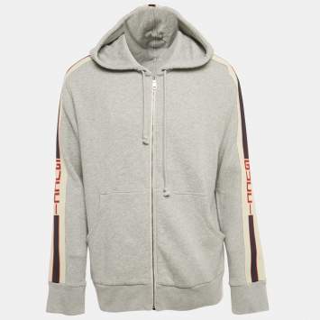 Pre Owned Gucci Grey GG Band Trim Cotton Zip-Up Hoodie XL