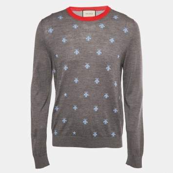مملوكة مسبقًا Gucci Grey Bee Intarsia Wool Knit Crew Neck Sweater XL