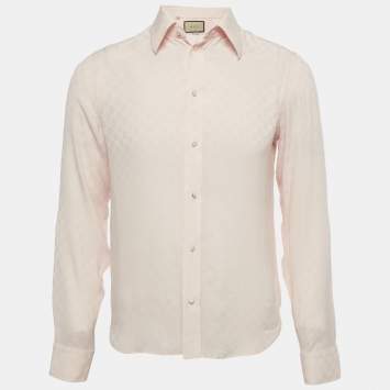 Pre Owned قميص غوتشي حرير جاكار GG وردي أكمام طويلة وسط