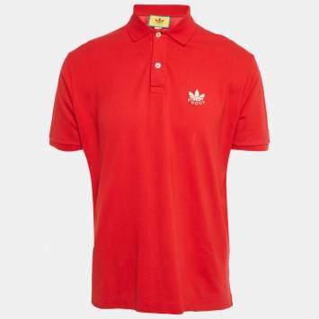 Pre Owned Gucci x Adidas Red Cotton Pique Polo T-Shirt L