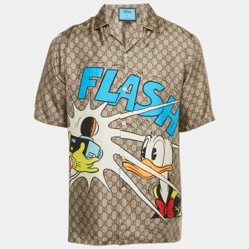 مملوكة مسبقًا قميص غوتشي إكس ديزني حرير بني GG بطبعة دونالد داك "فلاش" لعبة البولينج مقاس صغير