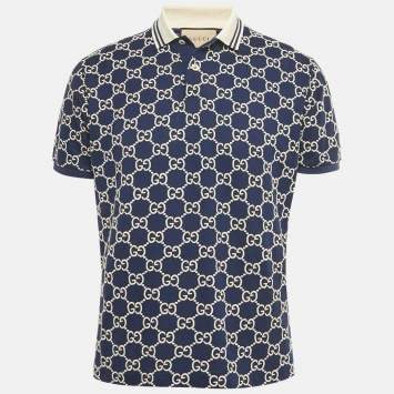 Pre Owned Gucci Blue GG Embroidered Pique Polo T-Shirt S