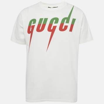 Pre Owned Gucci White Logo Print Cotton Jersey Crewneck T-Shirt S