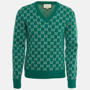 Pre Owned Gucci Green GG Jacquard Wool V-Neck Sweater S