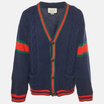 مملوكة مسبقًا Gucci Navy Blue Web Intarsia Cable Knit Cardigan XL