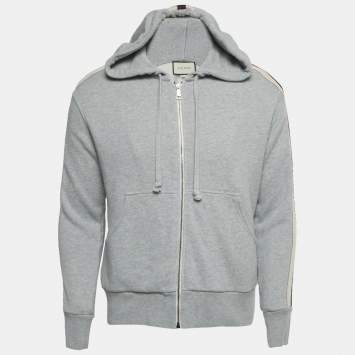 مملوكة مسبقًا Gucci Grey Web Trim Cotton Zip-Up Hoodie XS