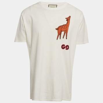 Pre Owned Gucci White Cotton Deer& GG Patch T-Shirt M