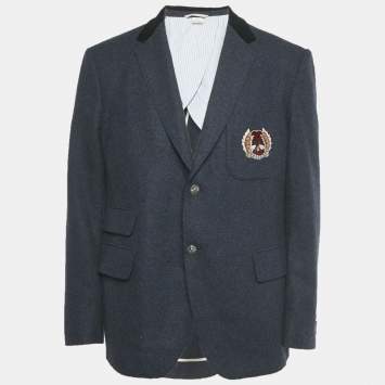 مملوكة مسبقًا Gucci Blue Bee Applique Wool Regular Fit Blazer XXXL