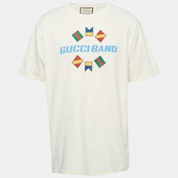 Pre Owned تي شيرت غوتشي قطن مطبوع بشعار الفرقة كريم مقاس كبير جدًا (إكسترا لارج)